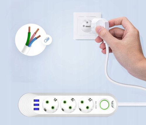 LISTWA ZASILAJĄCA 3 GNIAZDA + 3 USB PRZEDŁUŻACZ 2M na Arena.pl