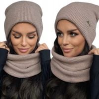 KOMPLET DAMSKI CZAPKA KOMIN DUŻY ZESTAW CIEPŁY ZIMOWY WEŁNA MOKKA 2838