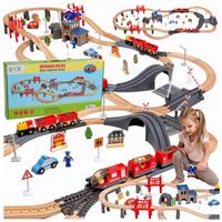 Drewniana Kolejka Elektryczna POCIĄG NA BATERIE x2 WAGONY TUNEL TOR Dźwięk