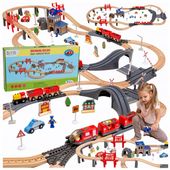Drewniana Kolejka Elektryczna POCIĄG NA BATERIE x2 WAGONY TUNEL TOR Dźwięk