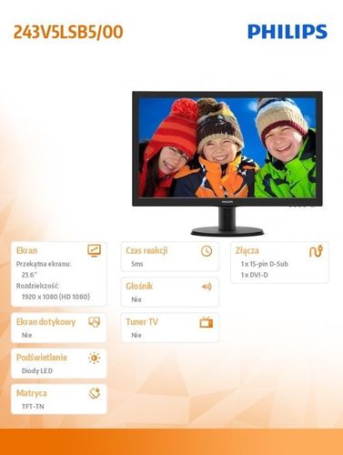 Philips 23.6'' 243V5LSB5 LED DVI Czarny na Arena.pl
