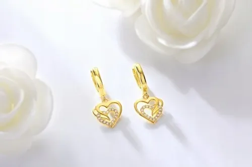 ZLOTE KOLCZYKI WISZĄCE SERCA, KOLCZYKI ANGIELSKIE SREBRO POZŁCANE na Arena.pl
