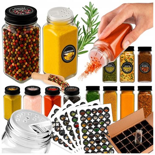 SZKLANE POJEMNIKI NA PRZYPRAWY 24x SŁOICZKI + 200 ETYKIET PRZYPRAWNIK na Arena.pl