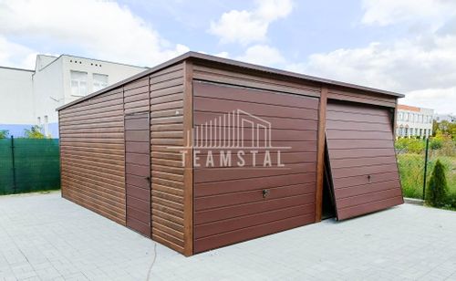 GARAŻ BLASZANY 6m x 5,8m poziom - spad tył 2x Brama uchylna + drzwi - ciemny orzech - drewnopodony TS241 6x5,8 na Arena.pl