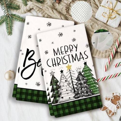 Zestaw 2 Ręczników Kuchennych Świątecznych 40x60 cm Wzór Choinki Poliester na Arena.pl