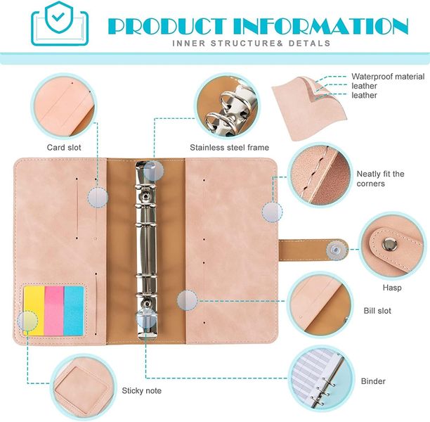 Segregator Budżetowy A6 Skóra PU Różowy z 12 Kopertami i Etykietami zdjęcie 3