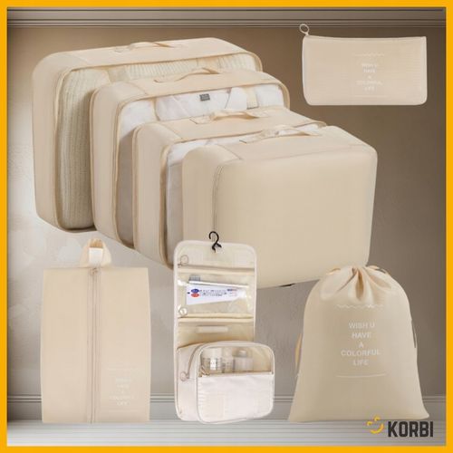 ZESTAW ORGANIZERÓW ORGANIZER PODRÓŻNY WALIZKI SZAFY UBRAŃ KOMPLET 8szt BEŻ na Arena.pl