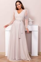 Tiulowa Sukienka z Kopertowym Dekoltem Maxi z rękawem Beż 42