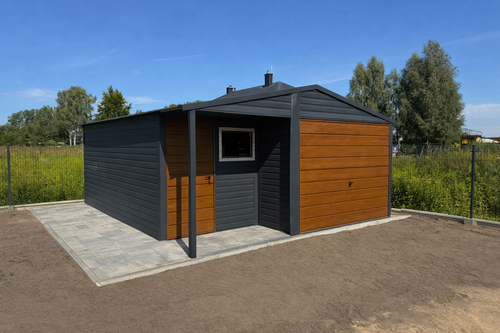 Garaż blaszany dwuspadowy 5×5 z wnęką Ciemny Grafit + Złoty Dąb na Arena.pl