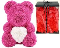 RÓŻOWY MIŚ Z BIAŁYM SERCEM 40cm + PŁATKI + PUDEŁKO