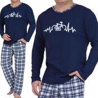 PIŻAMA MĘSKA granatowa z grafiką spodnie w kratę z kieszeniami kratka XL