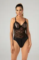 christine vesper - body wetlook z koronką, czarne, otwarte miseczki l/xl