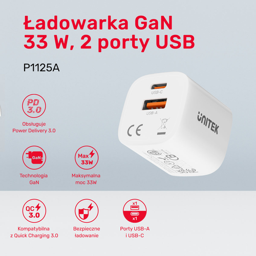 Unitek Ładowarka sieciowa 1x USB-A 1x USB-C QC PC 3.0 33W biała na Arena.pl