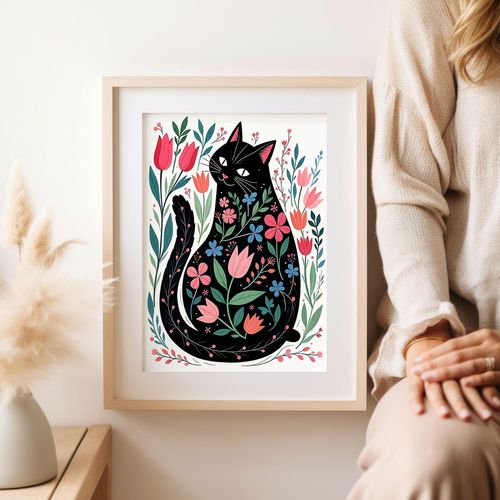 Plakat ilustracja kot w kwiatach 50x70 cm na Arena.pl