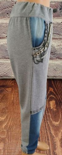 SPODNiE z jeansem i łańcuszkami ,kieszenie SHOP ART szare bawełna r.L na Arena.pl