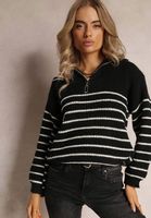 Golf Sweter z Zapięciem na Suwak w Paski z Długim Rękawem Czarny L 40