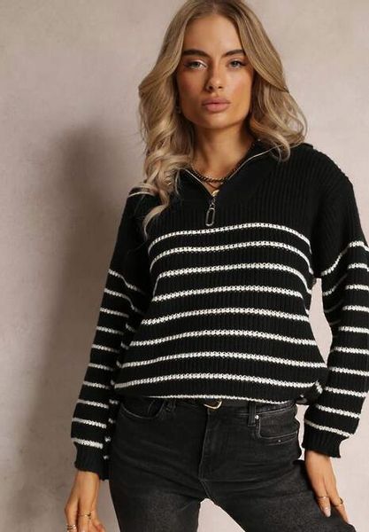Golf Sweter z Zapięciem na Suwak w Paski z Długim Rękawem Czarny L 40 zdjęcie 1