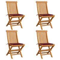 Krzesła ogrodowe, czerwone poduszki, 4 szt., drewno tekowe