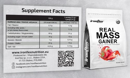 Gainer Real Mass 1000g BIAŁKO WĘGLOWODANY MASA MIĘSNIOWA WHEY WPC IronFlex na Arena.pl