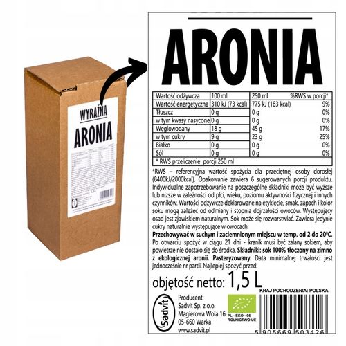 sok aronia 100% aroniowy NFC sok z aronii 1,5L EKO BIO do deserów bez cukru na Arena.pl