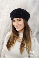 CZARNY klasyczny BERET DAMSKI zimowy z antenką ZDOBIONY Kamea LINDA