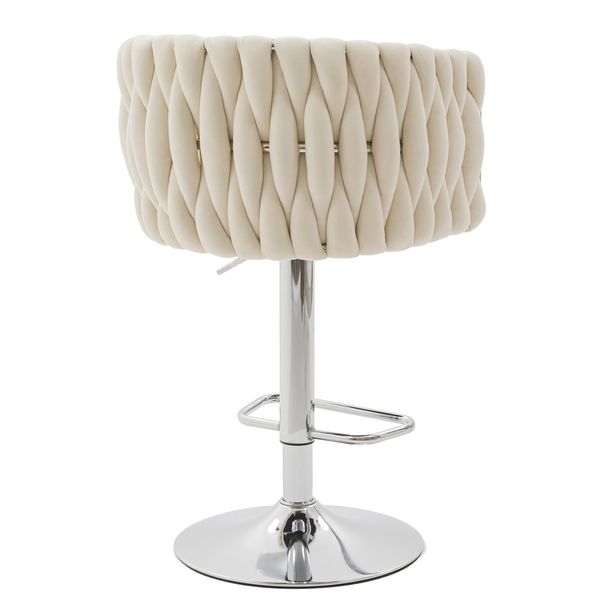 Hoker Z Plecionym Oparciem Welur ROSA Beżowy/Chrom Krzesło Do Wyspy zdjęcie 8