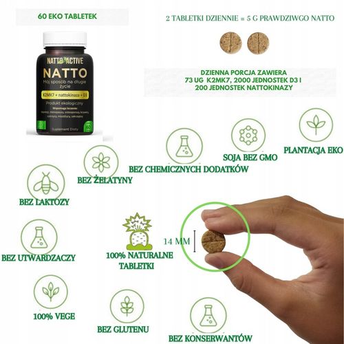 Natto Active witaminy D3 2000 IU K2 MK-7 Nattokinaza 60 eko tabletek na Arena.pl
