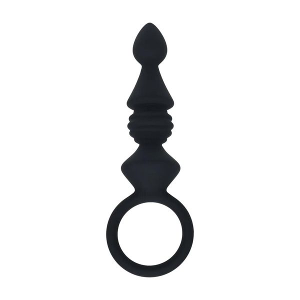 Ribbed Silicone Anal Probe With Loop - Black zdjęcie 1