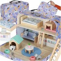 Drewniany Domek dla Lalek w Walizce Figurki Mebelki Piesek Kotek Zestaw