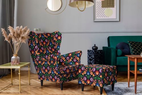 Fotel uszak ARI PRINT z podnóżkiem skandynawski  pawie oko na Arena.pl