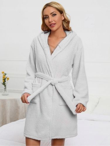 Szlafrok Damski Ciepły Miękki Gruby z Kapturem Szary Wiązany W Talii Zimowy na Arena.pl