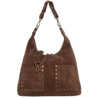 VERA PELLE torebka damska zamszowa worek z ćwiekami i paskiem V719 brązowa