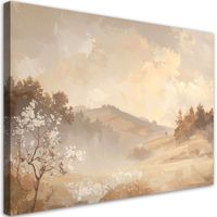 Obraz do salonu sypialni, Pastelowy Pejzaż Gór i Drzew Rustykalny