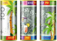 Skarbonka Puszka 100 ZŁ z napisem „KRÓL ZBIERA NA WCZASY POD PALMAMI”