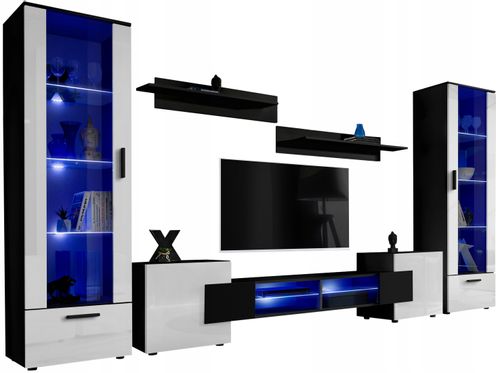 Pan Igiełka Meblościanka LED Czarny Biały Dąb Wotan 5 Elementów Salon na Arena.pl