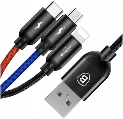 BASEUS MOCNY KABEL USB PRZEWÓD 3w1 do IPHONE MICRO TYP-C USB-C 3.5A 120cm zdjęcie 1