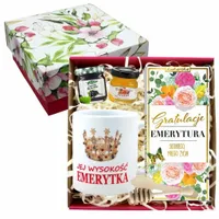 ZESTAW PREZENT EMERYTKI EMERYTA NA EMERYTURĘ kubek czekolada miód WZORY