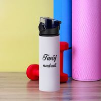 Biały sportowy bidon 750 ml z Twoim nadrukiem granatowa nakrętka