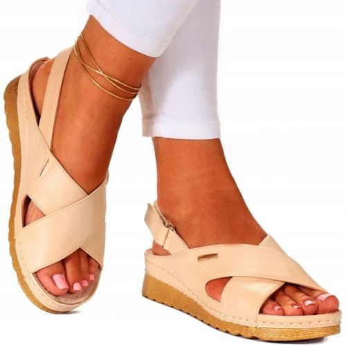 SANDAŁY DAMSKIE POLSKIE SKÓRA NISKI KOTURN RZEP na Arena.pl