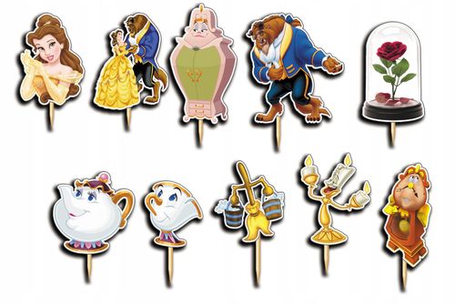 TOPPERY NA TORT OZDOBNE DEKORACJA ZESTAW - PIĘKNA I BESTIA BAJKA 10szt. na Arena.pl