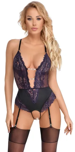 cottelli lingerie body koronkowe fiolet xl z paskami do pończoch na Arena.pl