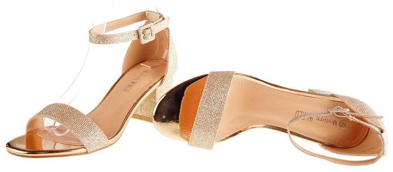Sandały na obcasie słupku 6 cm. szampańskie brokatowe Rozmiar obuwia - 37 zdjęcie 3