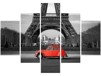 70 100CM OBRAZ 5 ELEM CZERWONY SAMOCHÓD PRZED WIEŻĄ EIFFLA DRUK PŁÓTNO