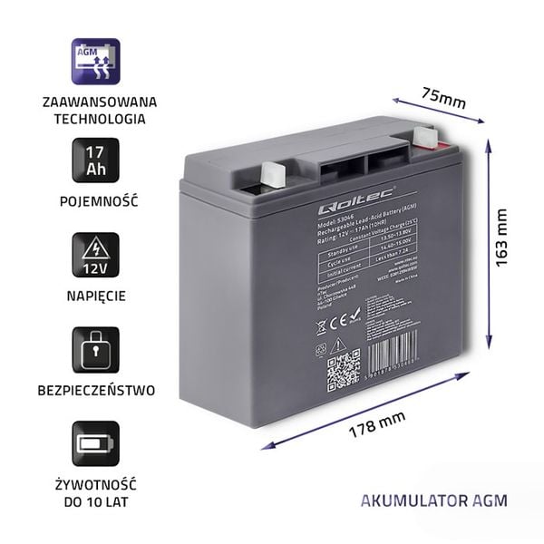 Qoltec Akumulator AGM | 12V | 17Ah |max.  255A zdjęcie 3