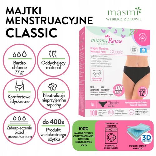 Majtki menstruacyjne ekologiczne Masmi CLASSIC L 100% bawełna gw.100 prań na Arena.pl