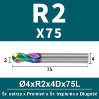 Frez kulowy, kula 2-ostrzowy VHM powłoka DLC Rozmiar: Ø4.0xR2x4Dx75L