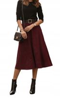 ELEGANCKA SPÓDNICA MIDI SZTRUKSOWA Rozkloszowana Wysoki Stan Bordowa