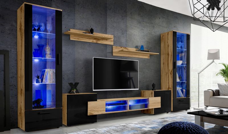 Pan Igiełka Meblościanka LED RGB + Pilot Czarny Biały Dąb Wotan Salon zdjęcie 1