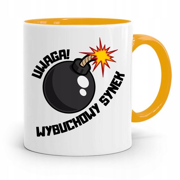 Kubek Żółty Prezent Dla Syna Uwaga Wybuchowy Synek Z Nadrukiem Ze Zdjęciem zdjęcie 1