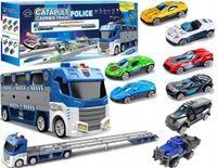 DUŻA CIĘŻARÓWKA LAWETA TRANSPORTER ŚWIATŁO DŻWIĘK + 6 POJAZDÓW RESORAKI
